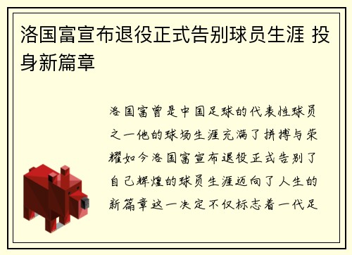洛国富宣布退役正式告别球员生涯 投身新篇章